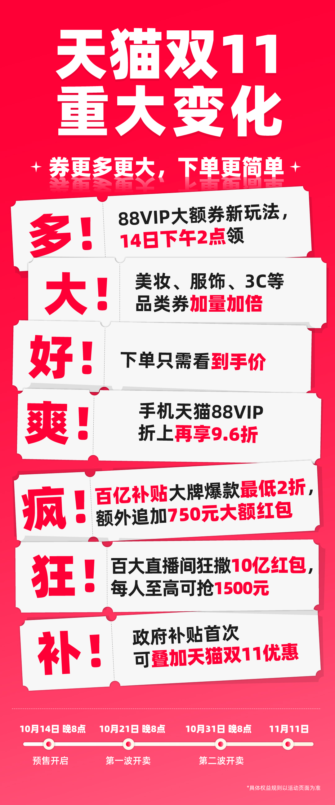 天猫双11史上券最多最大，10月14日晚8点开启！ 