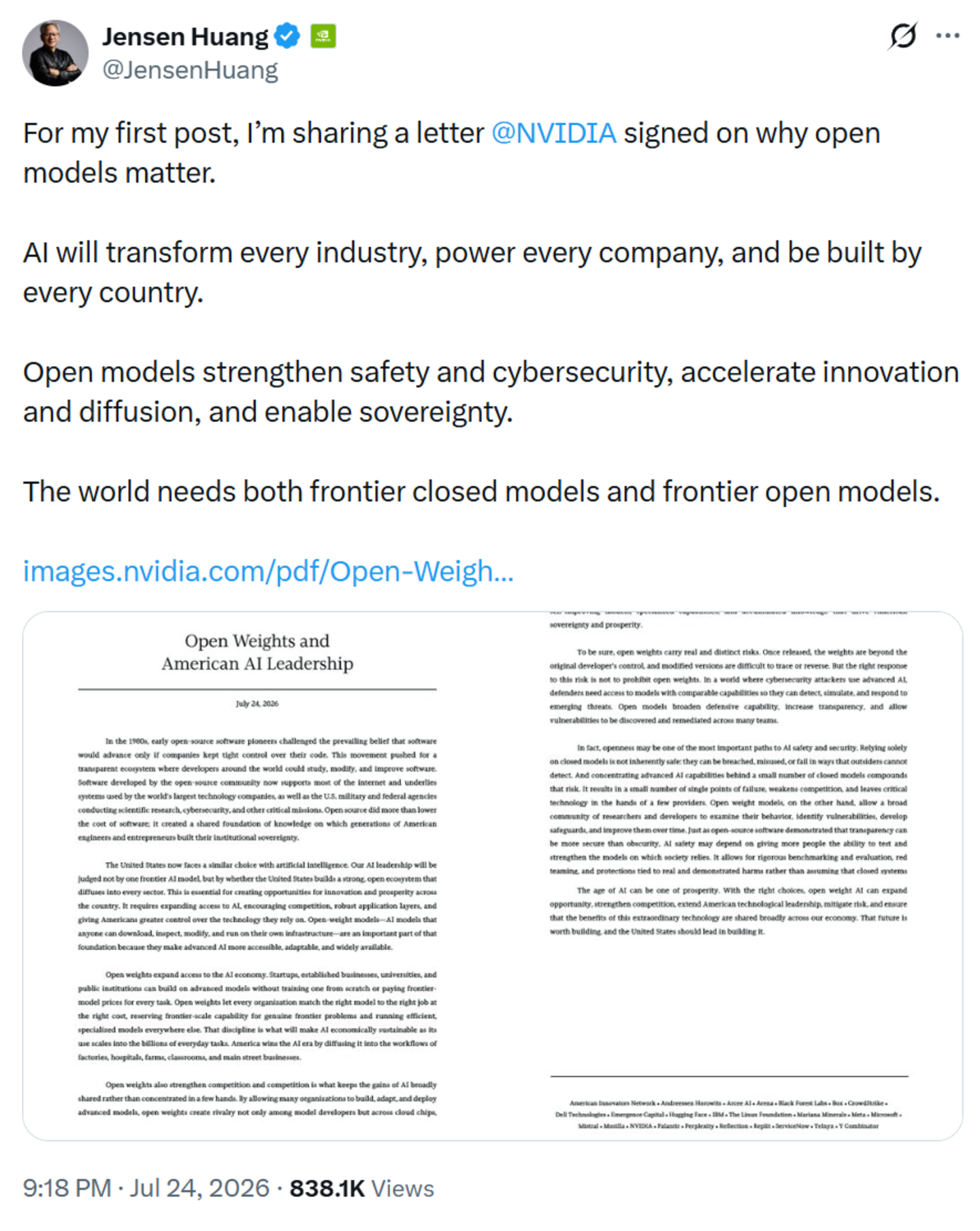 黄仁勋第一次发推,就联合微软、Meta等企业给中国开源模型说好话