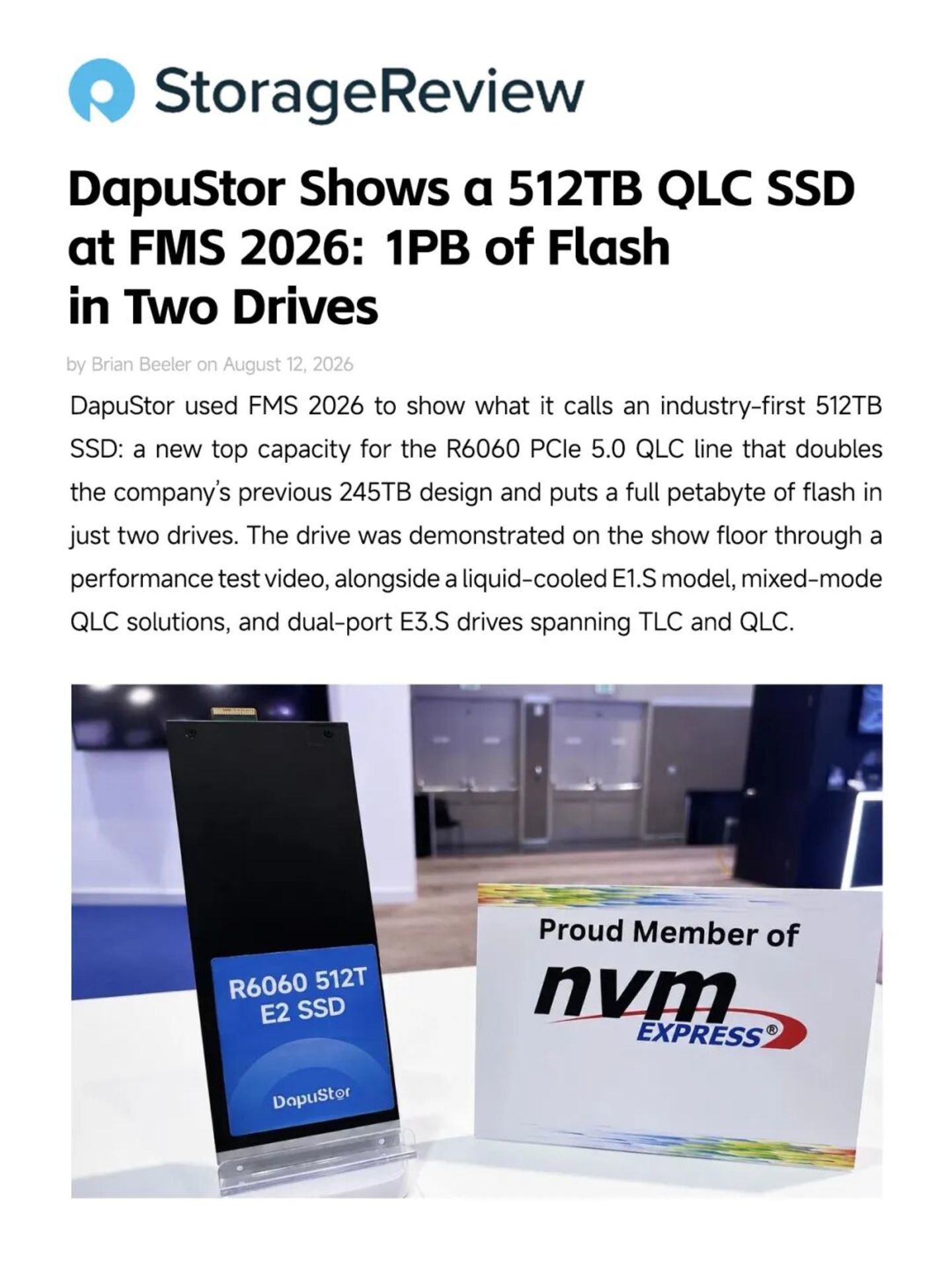 大普微携业界最大容量512TB QLC SSD亮相美国OCP,获得广泛关注 大普微携业界最大容量512TB QLC SSD亮相美国OCP,获得广泛关注
